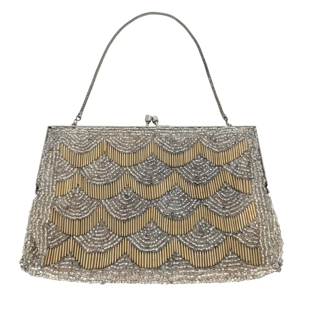 VTG Beaded Evening Bag Small Gold Silver Art Deco Kiss Lock Clutch Formal Glam